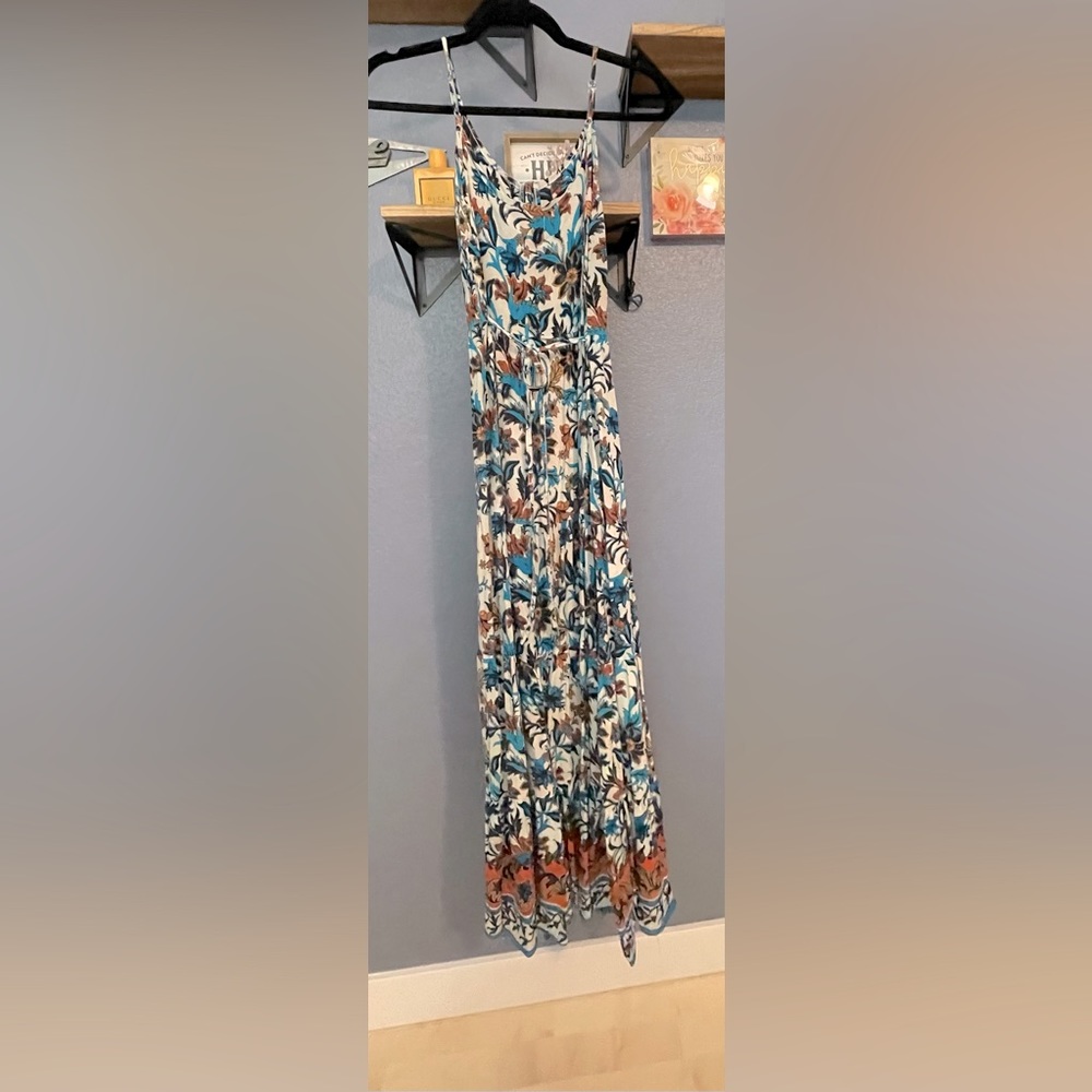 BOG Collective Sun Dress Maxi Boho Rayon Blue White Orange pattern